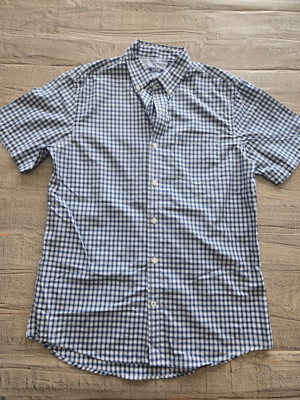 IZOD Men's Medium Blue White Checkered Short Sleeve Button Down Shirt